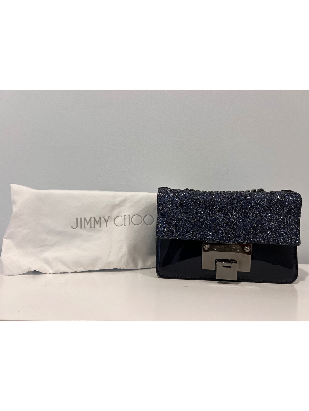 Jimmy Choo Navy Blue Glitter and Patent Leather Crossbody Bag